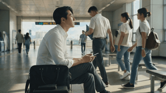 Male office worker using cell phone at station