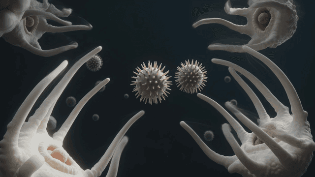 White blood cells surrounding virus
