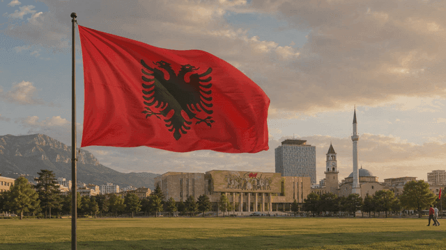 City landscape with red Albanian flag fluttering