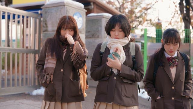 Students leaving school in winter