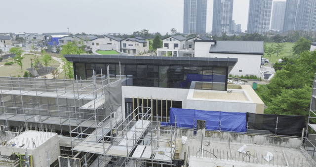 Construction site with city skyline