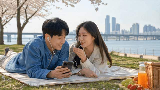 Couple listening to music with earphones on picnic blanket under cherry blossoms at riverside park