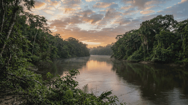 Tranquil river surrounded by green forest