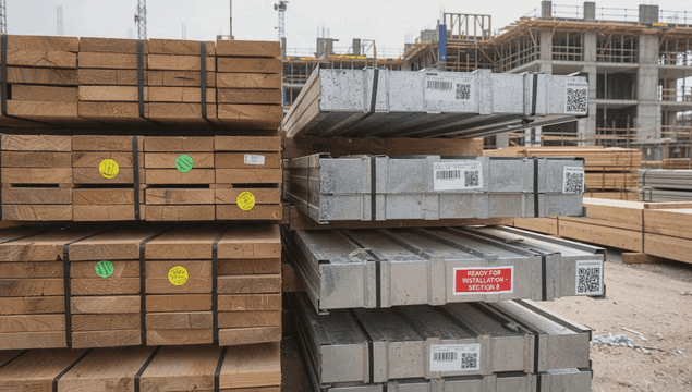 건설 현장의 목재와 금속 더미 자재들