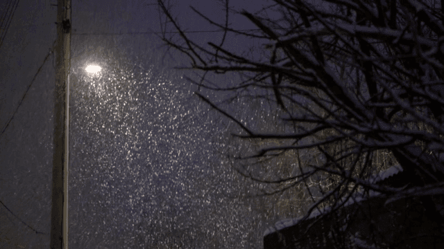 Snow falling under a streetlight at night
