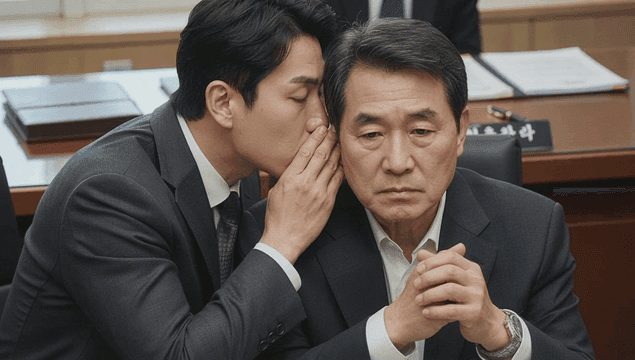 법정에서 귓속말로 소통하는 변호사와 의뢰인