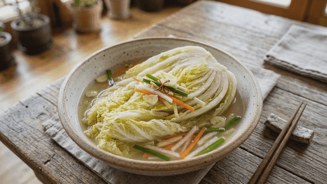 Bowl of refreshing white kimchi on table