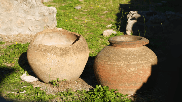 Ancient clay pots on grassy ground