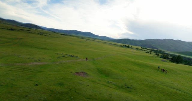 Motorcycle ride through vast green fields