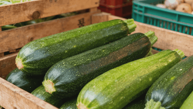 나무 상자에 담긴 신선한 애호박