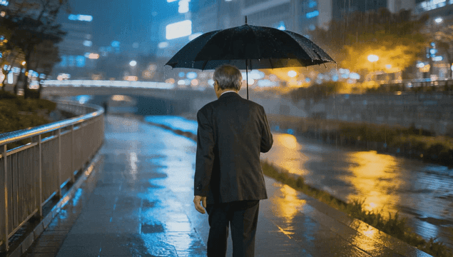 Back of an old man holding an umbrella on a rainy night
