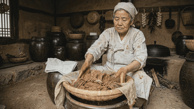 Elderly women making traditional Korean soybean paste