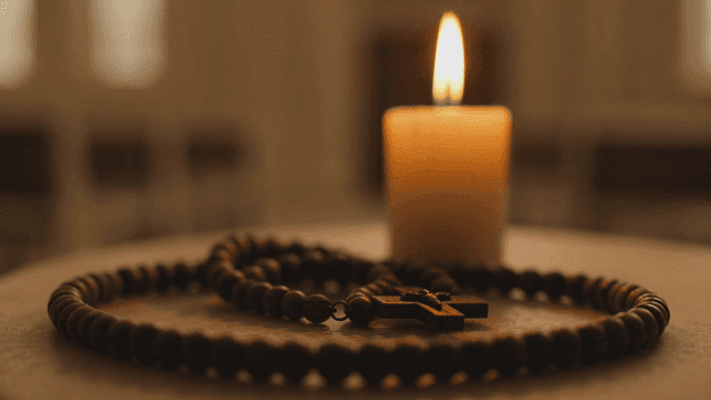 Candle and rosary beads on a table