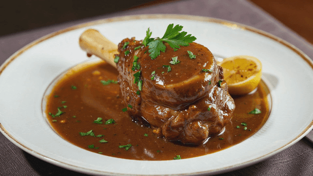 Lamb shank meat dish in rich sauce