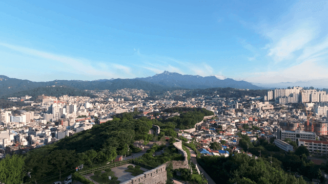 Sprawling cityscape with distant mountains