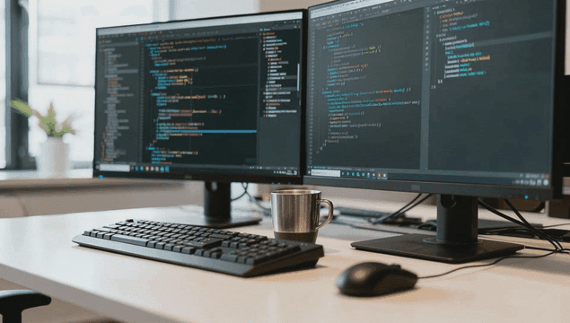 사무실에서 프로그래밍 코드가 표시된 듀얼 모니터