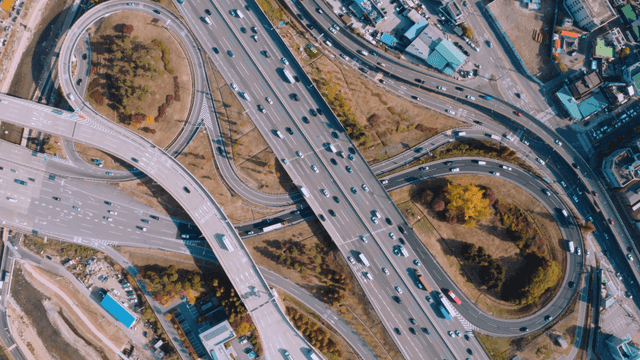 Aerial view of a busy highway interchange