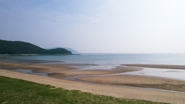 수평선이 흐릿하게 보이는 고요한 해안 경치