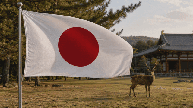 Japanese flag waving near a temple with a deer