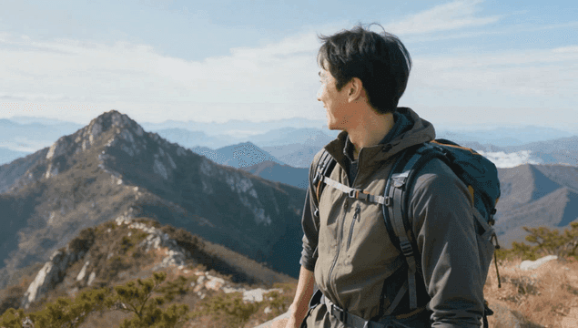 Man walking on a mountain trail at the summit