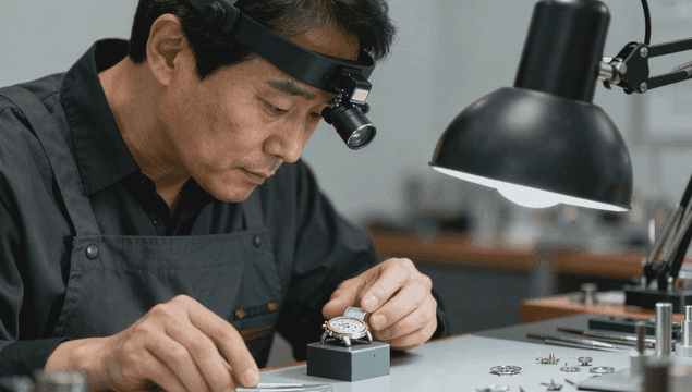 시계 제작자가 정밀하게 시계를 조립하는 모습