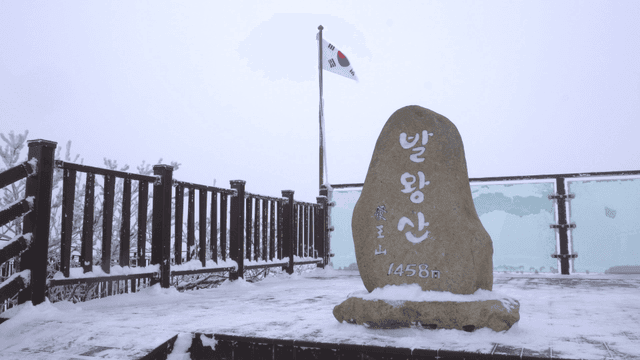 눈 덮인 발왕산 정상과 깃발