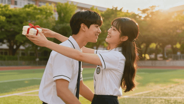 햇살 가득한 잔디밭에서 선물을 나누는 고등학생 커플