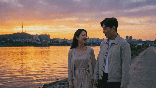 Couple taking walk by river at sunset