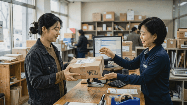 Woman sending package at post office