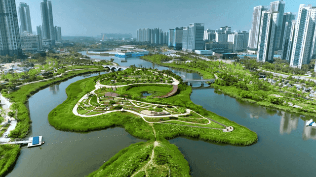 강과 공원이 있는 도시 풍경