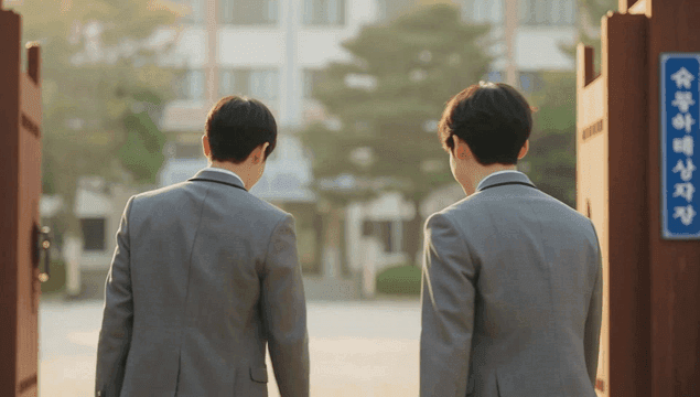 학교 정문에서 악수하고 등교하는 남학생들