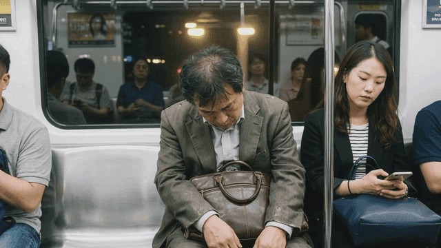 Middle-aged man dozing off on subway at night