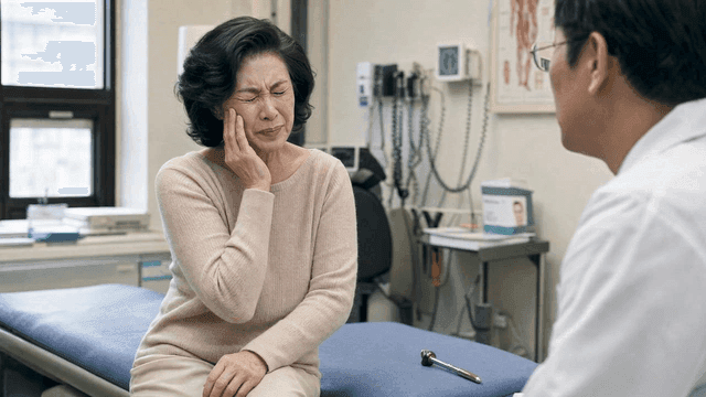 Elderly woman with toothache consulting doctor