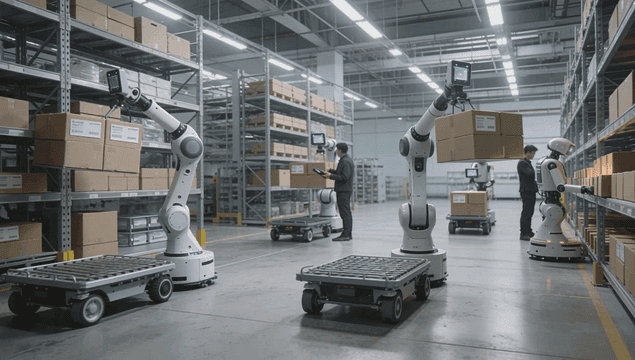 창고에서 상자를 정리하는 로봇들