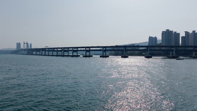 Busy Gwangan Bridge over the sea connecting the coastal city of Busan