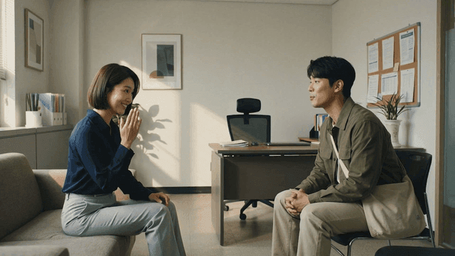 Two people having a conversation in an office
