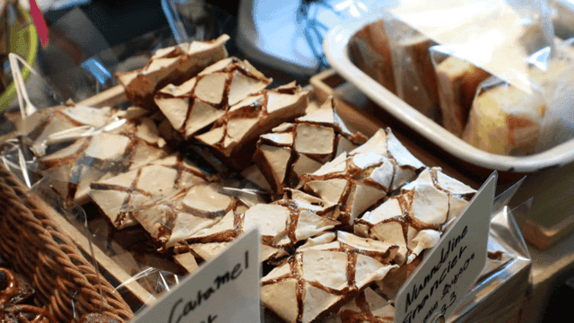 Assorted pastries displayed in a bakery
