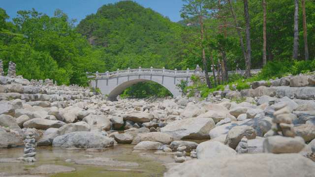 산을 배경으로 한 전통 한국 다리