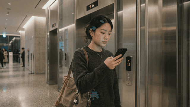 Woman using cell phone in elevator lobby