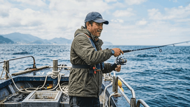 Man fishing on boat at sea