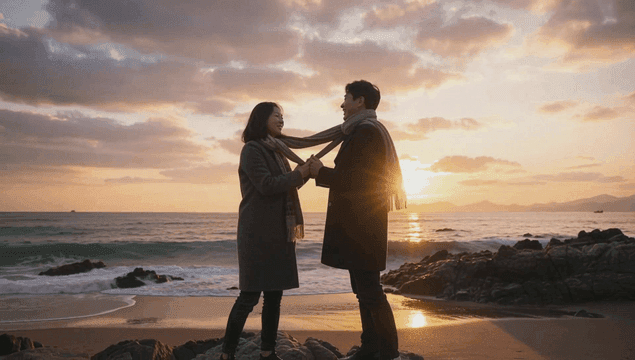 해변에서 일몰을 즐기는 커플