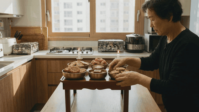 Elderly woman preparing traditional ancestral rite table