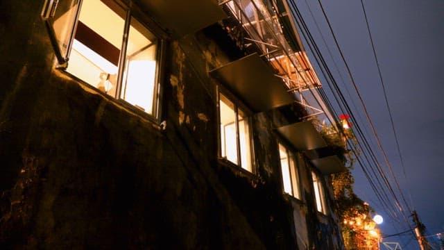 Building with lit windows at night