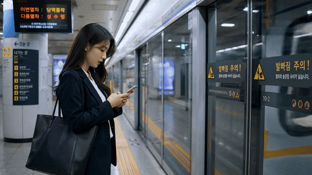 Woman looking at her phone while waiting at subway station