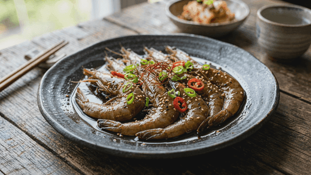 Soy sauce marinated shrimp with toppings