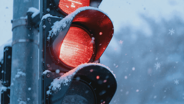 Red light traffic light covered in winter snow