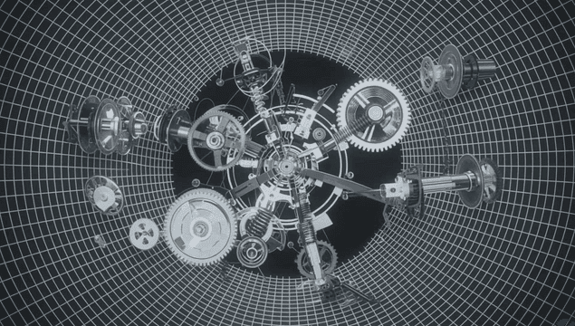 Complex mechanical gears in motion