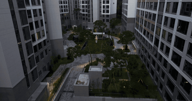 Modern apartment complex with courtyard