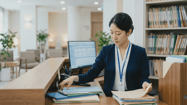 Office worker organizing files at desk