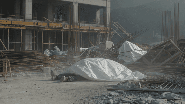 Worker lying under tent at construction site with scattered materials